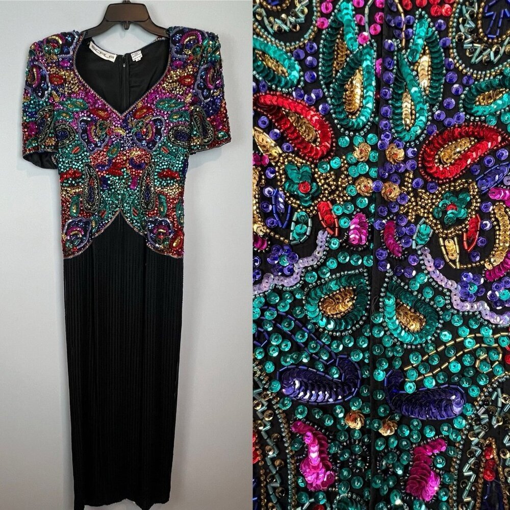 Scala Womens Sequin Dress Size Small Colorful Vtg Short Sleeve Evening Gown